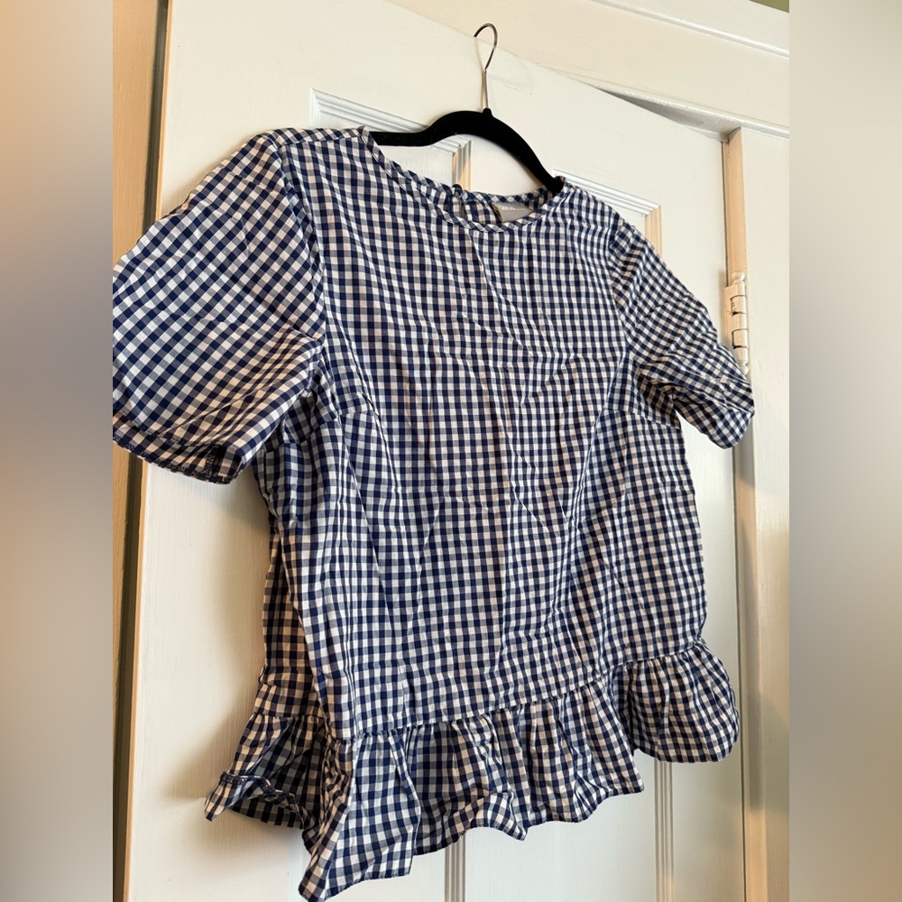 ASOS Blue and White Gingham Peplum Top Size 6